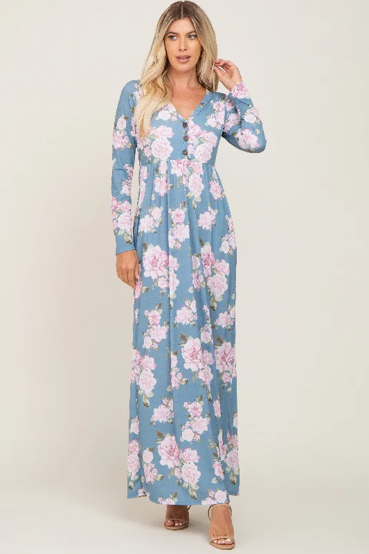 Blue Floral Button Front Maxi Dress Fashionable Off-Shoulder Maxi Dress