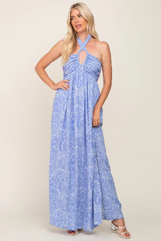 Blue Floral Halter Neck Maxi Dress Trendy Printed Maxi Dress