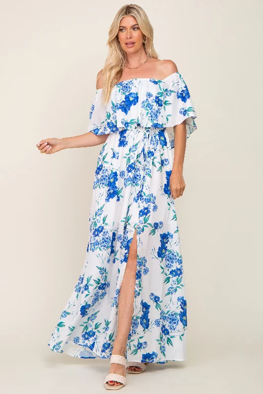 Blue Floral Overlay Off-Shoulder Side Slit Maxi Dress Fashionable Chiffon Maxi Dress