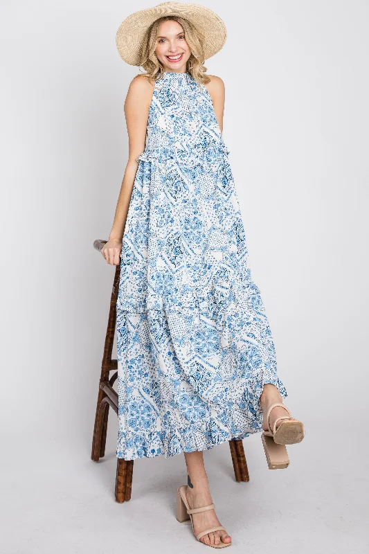 Blue Floral Paisley Print Tiered Maxi Dress Comfortable Maxi Dress with Sleeves