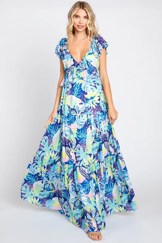 Blue Floral Ruffle Accent Maxi Dress Cozy Open-Back Maxi Dress