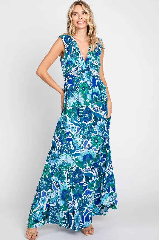 Blue Floral Ruffle Accent Sleeveless Maxi Dress Stylish Boho Chic Maxi Dress