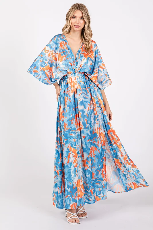 Blue Floral Satin V-Neck Maxi Dress Comfortable Maxi Dress with Sleeves