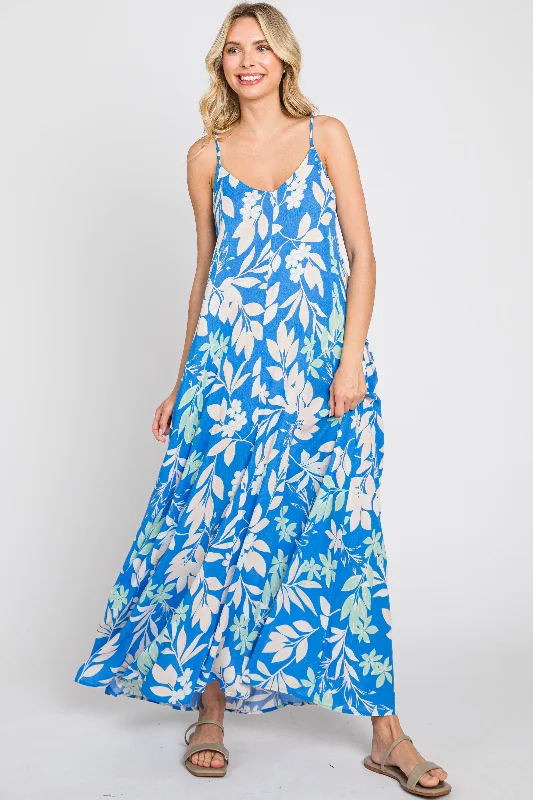 Blue Floral V-Neck Maxi Dress Comfortable Bohemian Maxi Dress