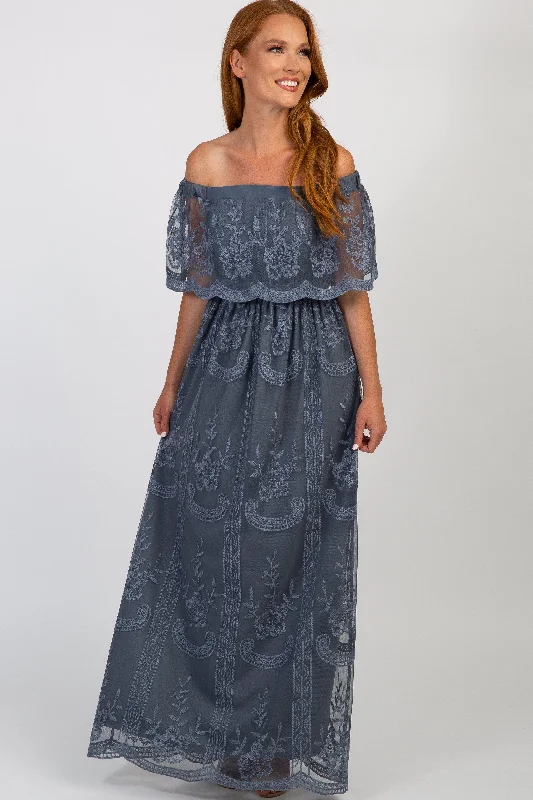 Blue Lace Mesh Overlay Off Shoulder Maxi Dress Fashionable Button-Down Maxi Dress