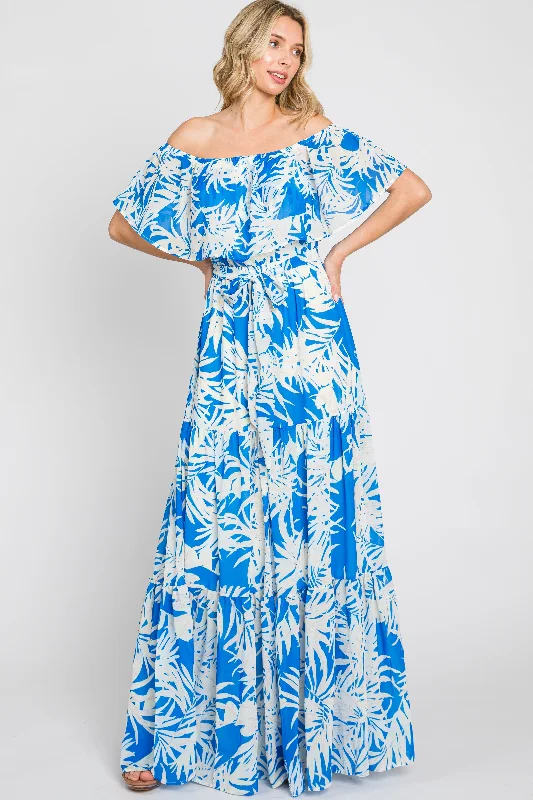 Blue Leaf Print Strapless Tiered Maxi Dress Stylish Maxi Dress with Frills