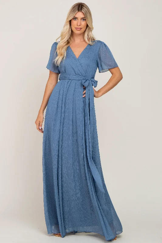 Blue Metallic Shimmer Chiffon Maxi Dress Trendy Ruffled Maxi Dress