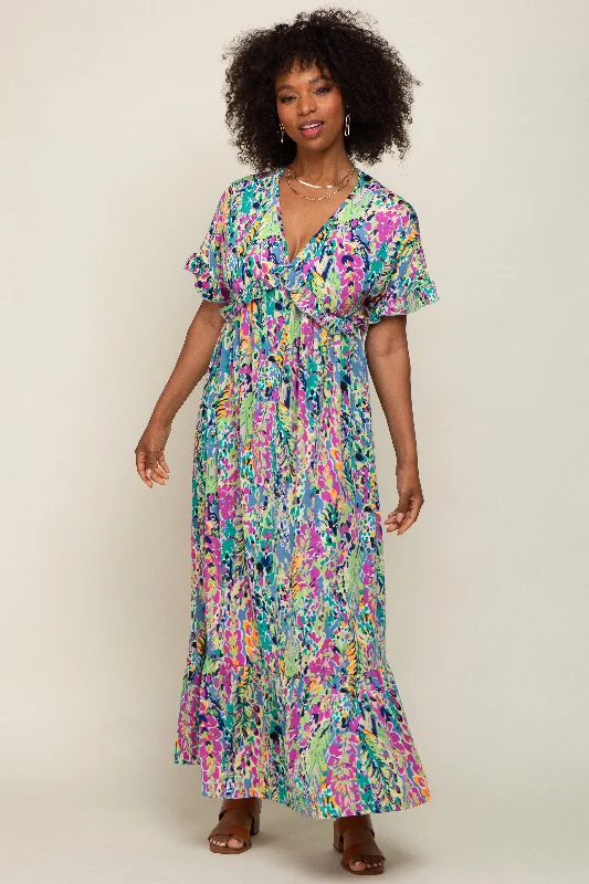 Blue Multi-Color Floral Ruffle Maxi Dress Trendy Fit-and-Flare Maxi Dress