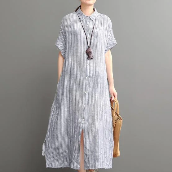 Blue open hem linen maxi dress plus size cotton dress Fashionable Open-Back Maxi Dress