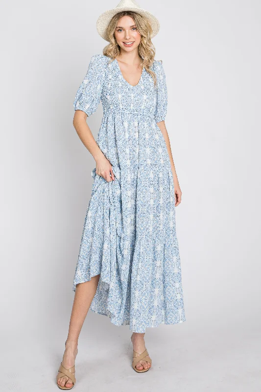 Blue Paisley Print Smocked Tiered Maxi Dress Stylish Boho Maxi Dress