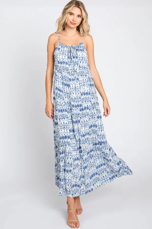 Blue Printed Tiered Maxi Dress Elegant Maxi Dress with Slit