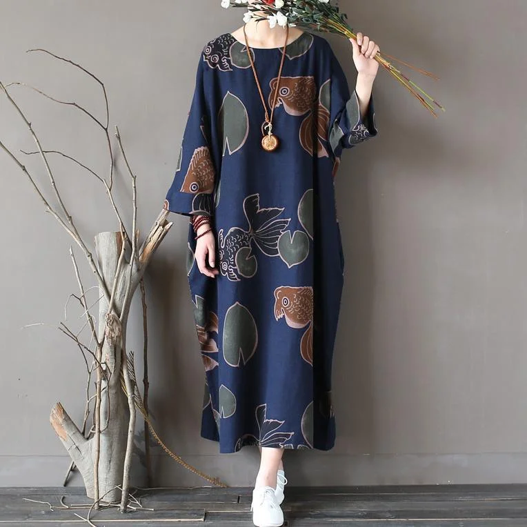 blue prints linen women dresses plus size o neck batwing sleeve maxi dress Cozy Maxi Dress with Slit