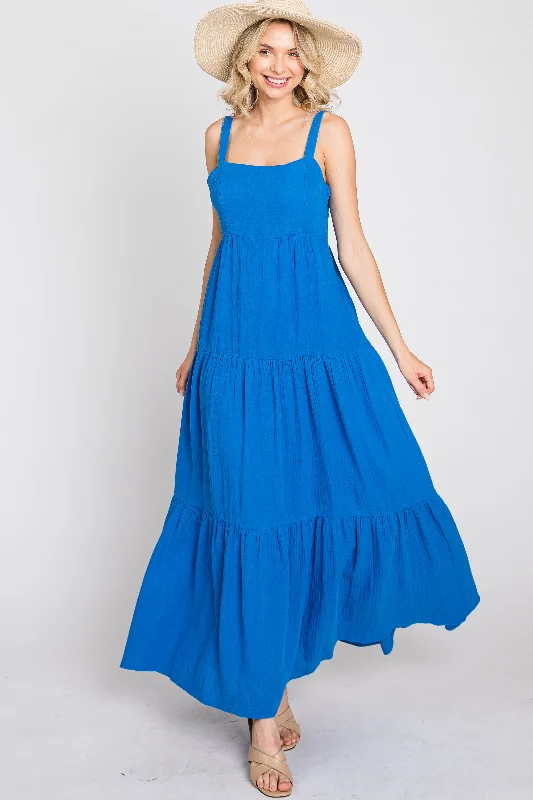 Blue Sleeveless Ruffle Tiered Maxi Dress Fashionable Sheer Maxi Dress