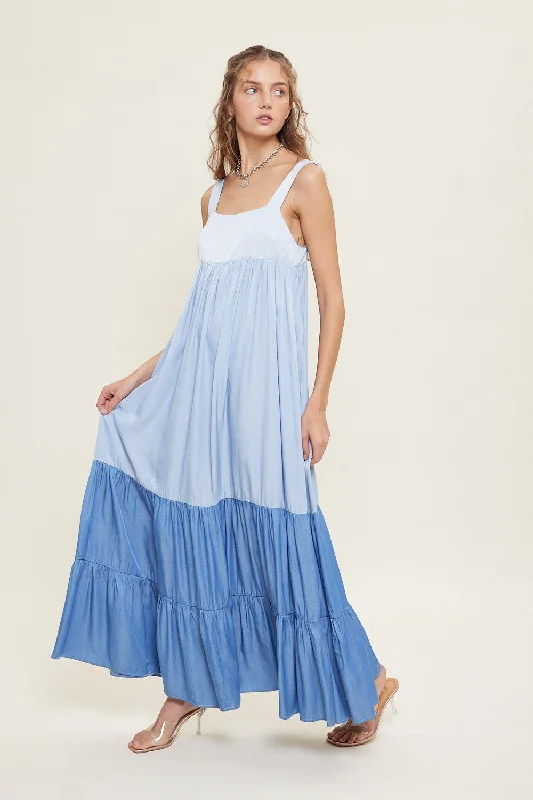 Blue Sleeveless Tiered Tie Back Maxi Dress Trendy Maxi Dress with Belt