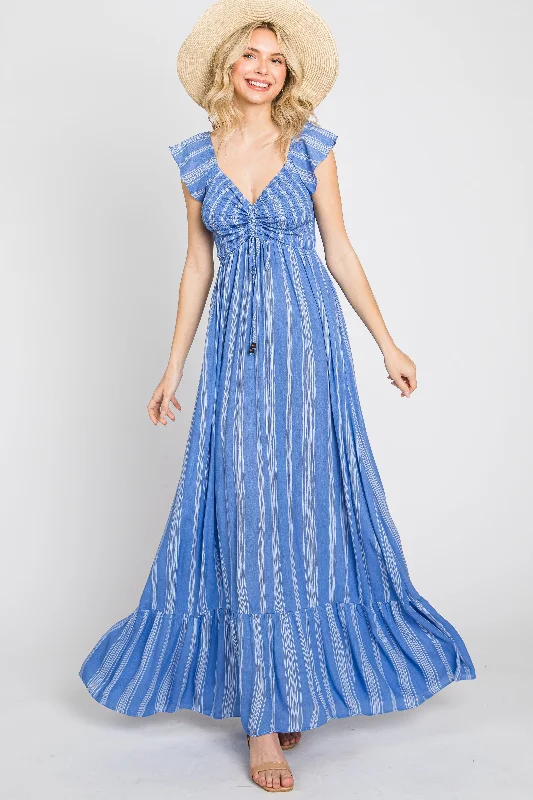 Blue Striped Off Shoulder Front Tie Maxi Dress Elegant Floral Maxi Dress