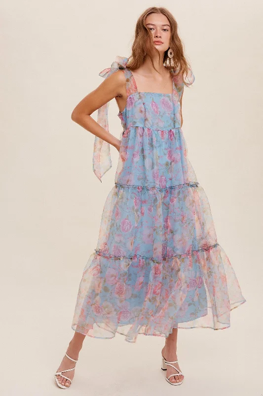 Blue Tiered Floral Print Organza Maxi Dress Elegant Maxi Dress with Slit