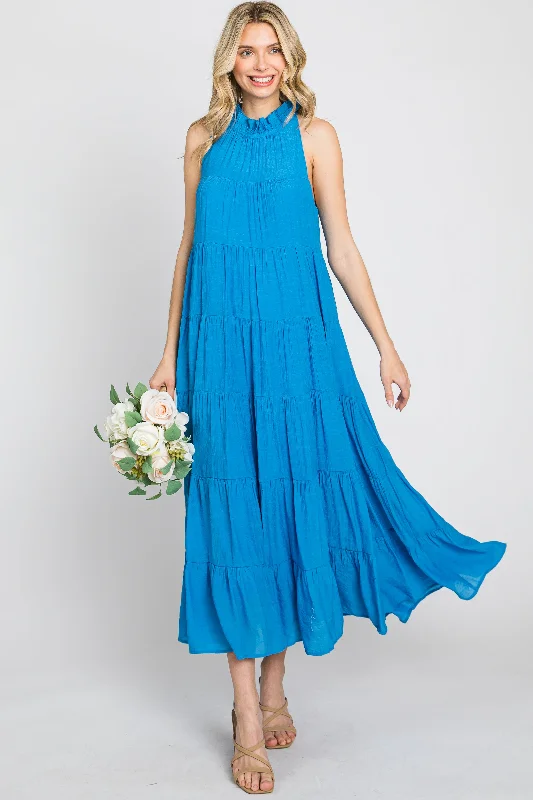 Blue Tiered High Neck Maxi Dress Stylish One-Shoulder Maxi Dress