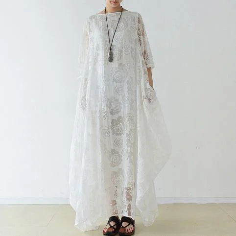 Bohemian o neck asymmetric chiffon Robes Indian Life white Maxi Dress Elegant Lace Maxi Dress