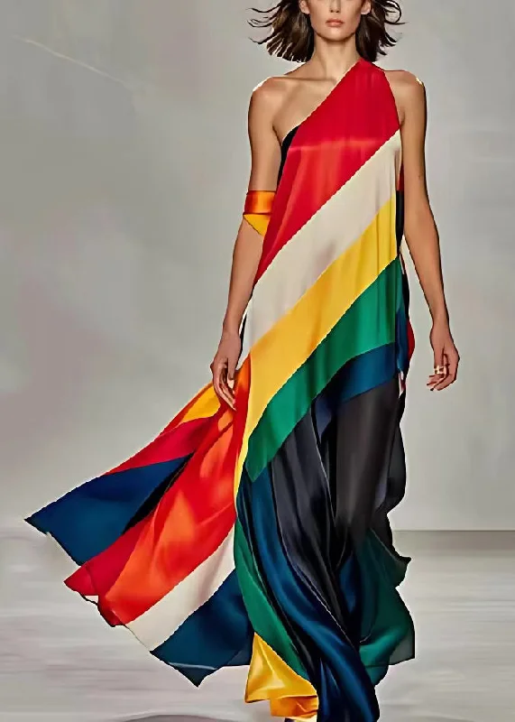 Bohemian Rainbow Striped Cold Shoulder Silk Maxi Dress Sleeveless Comfortable Plunging Neckline Maxi Dress