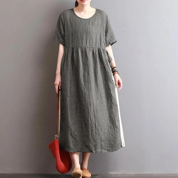 boutique dark gray striped long linen dresses casual patchwork linen maxi dress Elegant caftans Elegant Maxi Dress with Drapes