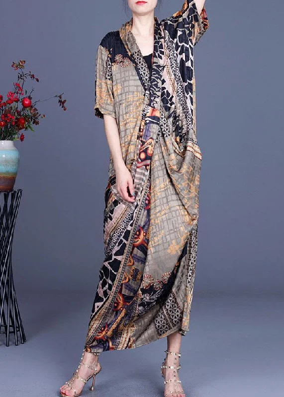 Boutique Khaki Print Overlapping asymmetrical design Silk Summer Maxi Dress Stylish V-Neck Maxi Dress