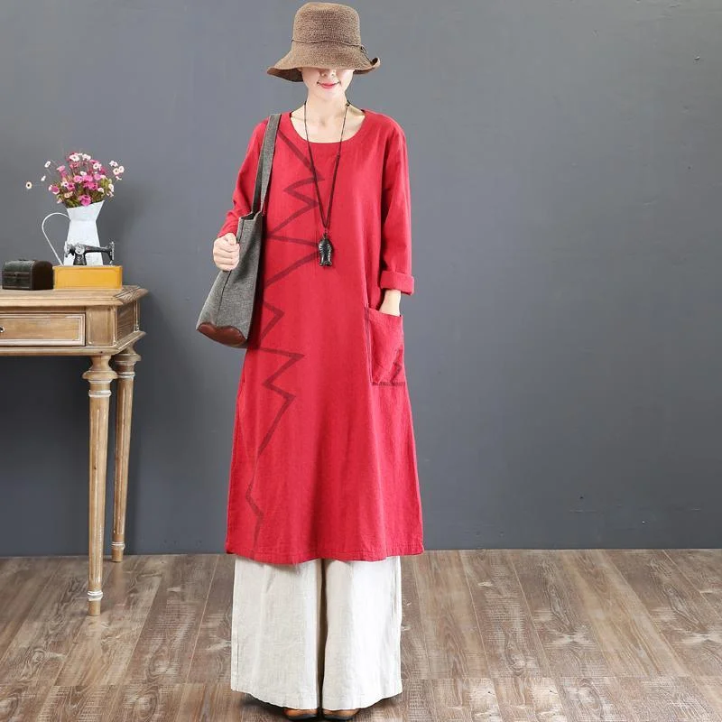 boutique red prints fall dress plus size clothing o neck traveling dress Elegant big pockets maxi dresses Comfortable Ruffle Maxi Dress