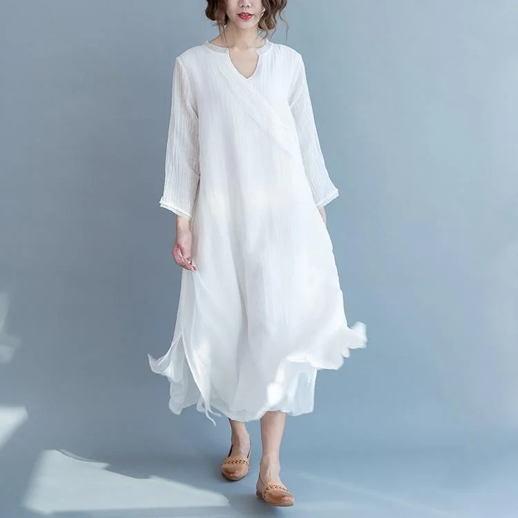 boutique white cotton linen dress trendy plus size Stand tie waist traveling dress Three Quarter sleeve patchwork maxi dresses Fashionable High-Low Maxi Dress