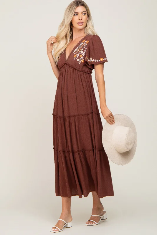 Brown Embroidered Tiered Maxi Dress Cozy Spaghetti Strap Maxi Dress