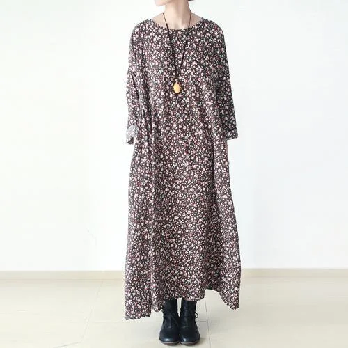 Brown floral cotton dresses long cotton caftans maxi dress fall winter dresses Classic A-Line Maxi Dress