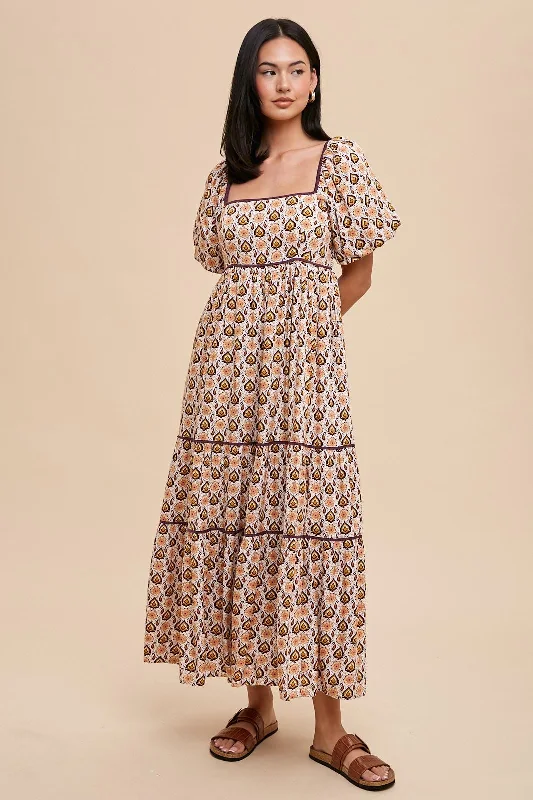 Brown Floral Print Puff Sleeve Maxi Dress Chic Sleeveless Maxi Dress