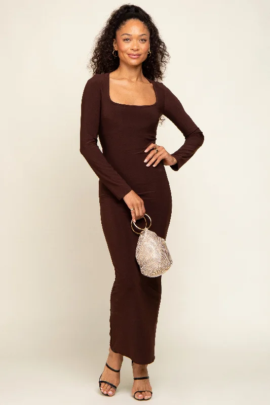 Brown Square Neck Fitted Long Sleeve Maxi Dress Elegant Maxi Dress with Belt