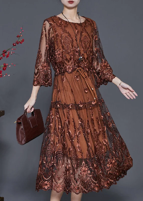 Brown Tulle Maxi Dresses Cinched Embroidered Summer Classic Solid Maxi Dress