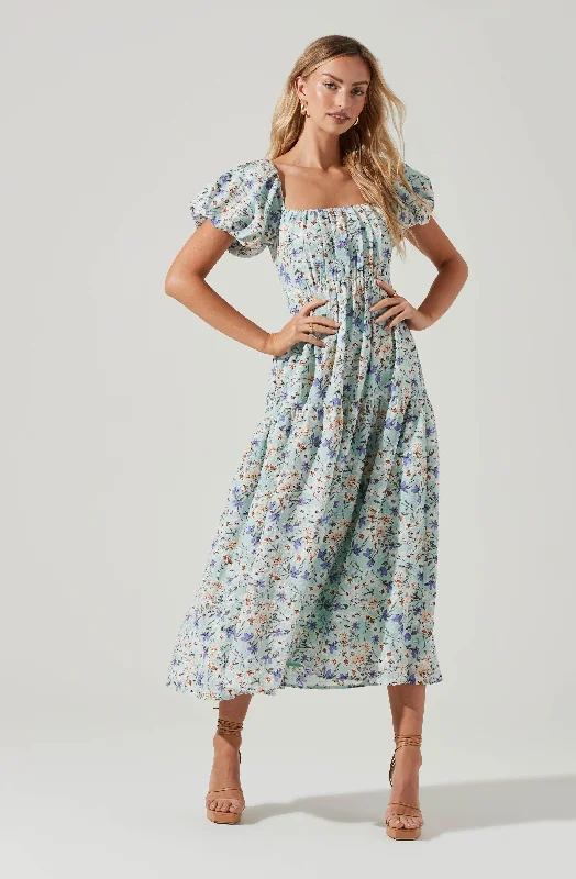 Bubble Sleeve Floral Tiered Midi Dress Fashionable Wide Leg Midi Dress