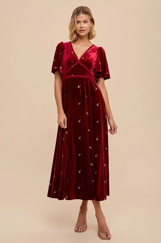 Burgundy All Over Floral Embroidered Velvet Maxi Dress Chic Off-Shoulder Maxi Dress