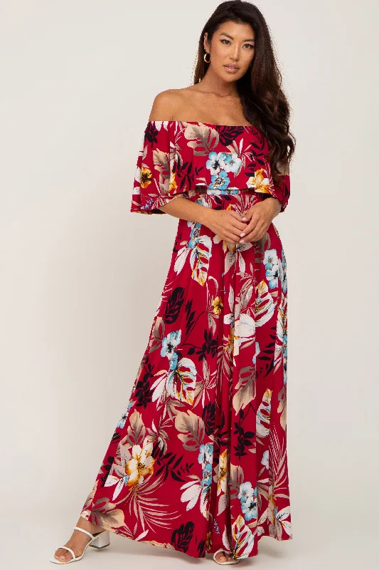 Burgundy Floral Flounce Off Shoulder Maxi Dress Elegant Lace Maxi Dress