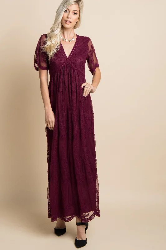 Burgundy Lace Mesh Overlay Maxi Dress Classic Solid Maxi Dress