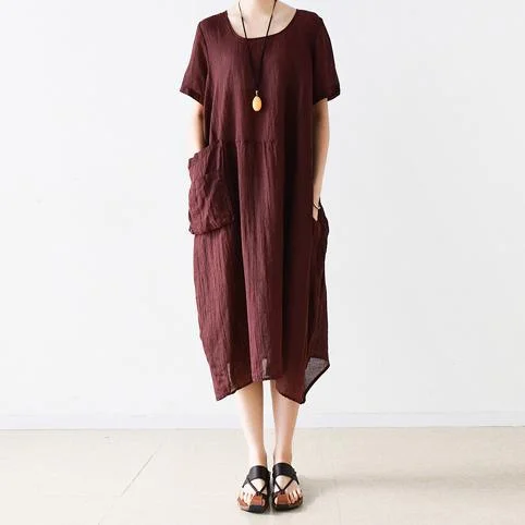 burgundy summer maxi dress oversize pockets sundress casual short sleeve baggy dresses Stylish Maxi Dress with Frills