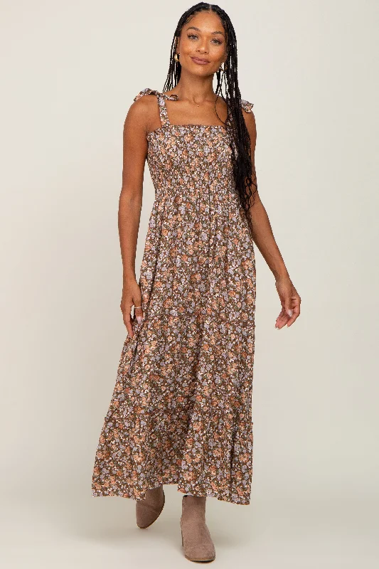 Camel Floral Sleeveless Tiered Maxi Dress Fashionable Printed Maxi Dress