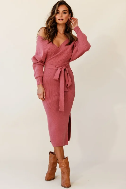 Cameo Batwing Knit Midi Dress Rose Trendy Smocked Detail Midi Dress