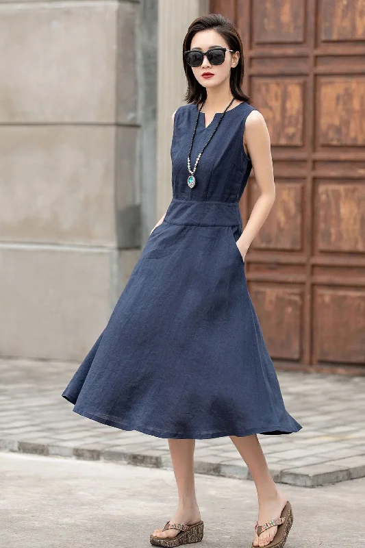 Casual sleeveless Navy linen midi dress 2593 Trendy A-Line Midi Dress