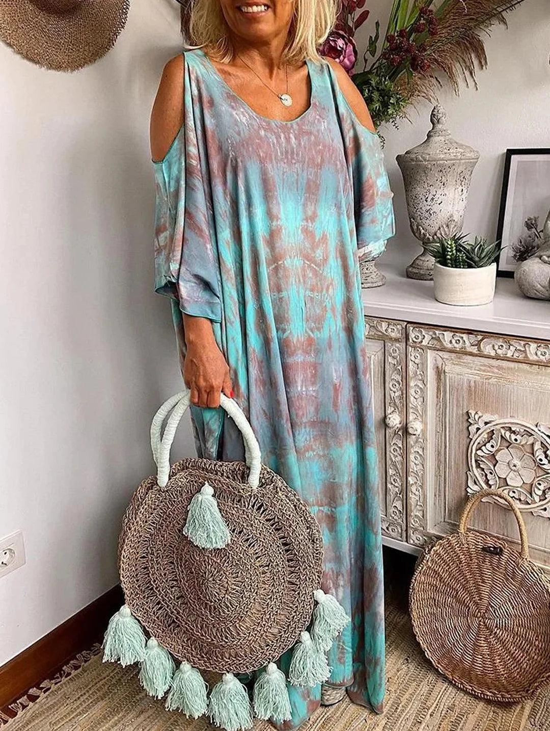 Casual Tie Dye Sleeve Loose Maxi Dress Short Sleeve Trendy Maxi Dress with Belt