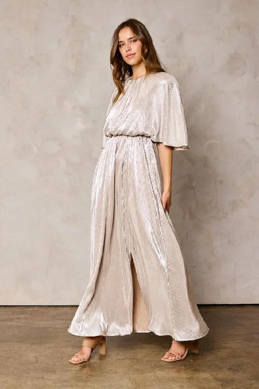 Champagne Wrinkled Slit Maxi Dress Comfortable Ruffle Maxi Dress