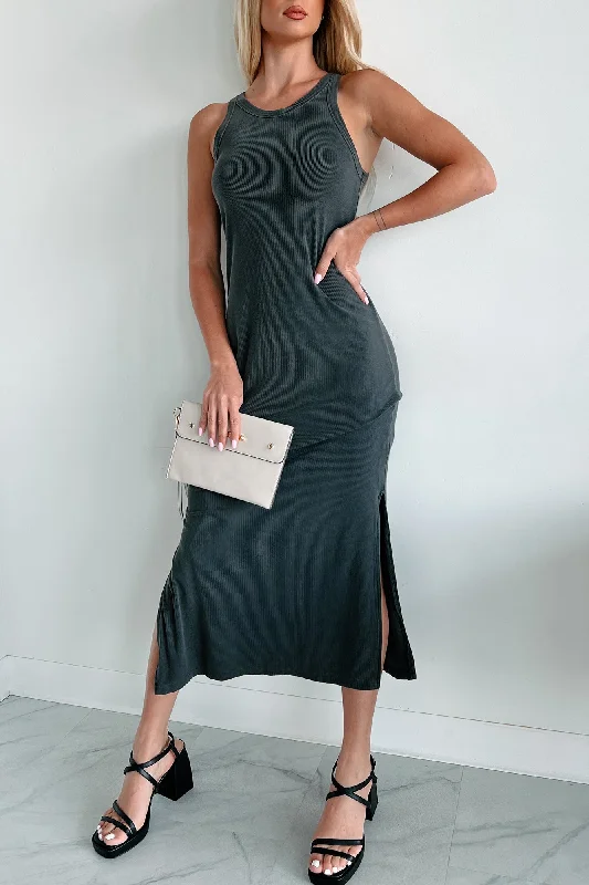 Chances Are Ribbed Tank Midi Dress (Charcoal) Stylish Animal Print Midi Dress