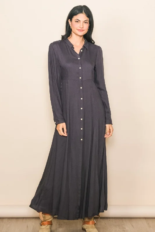 Charcoal Collared Button Down Long Sleeve Maxi Dress Classic V-Neck Maxi Dress