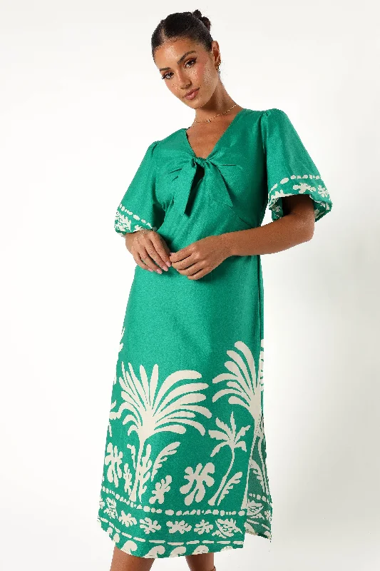 Chinta Midi Dress - Green Print Elegant Pleated Detail Midi Dress