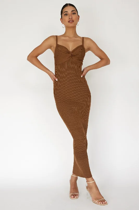 Chocolate Sleeveless Ribbed Front Twist Maxi Dress Stylish Longline Maxi Dress