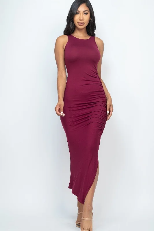 Sleeveless Ruched Side Split Maxi Dress Comfortable Flowy Maxi Dress