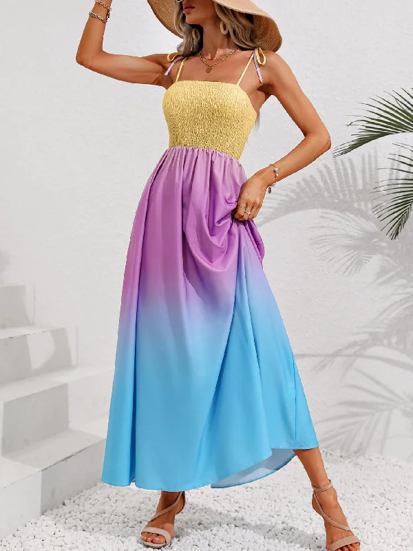 Color Block Tie Shoulder Smocked Maxi Dress Elegant Silk Maxi Dress