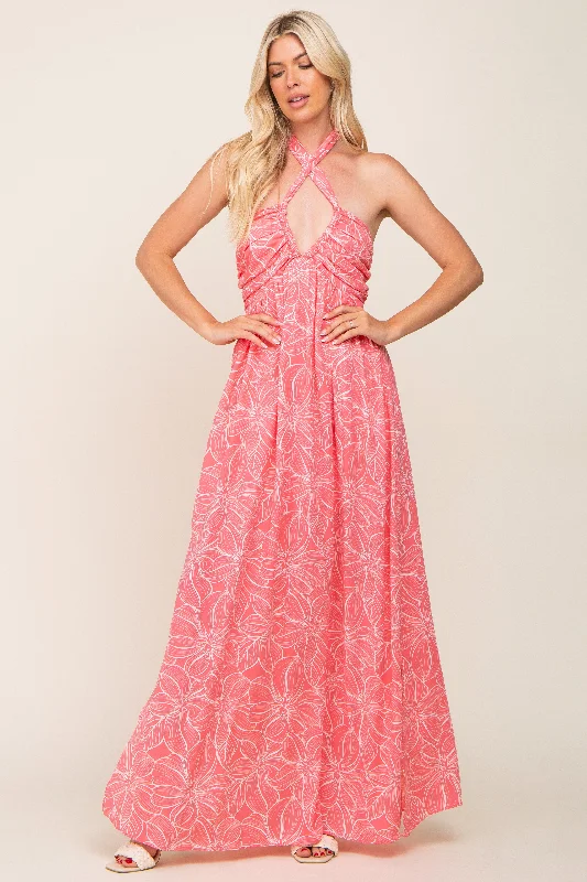 Coral Floral Halter Neck Maxi Dress Cozy Open-Back Maxi Dress