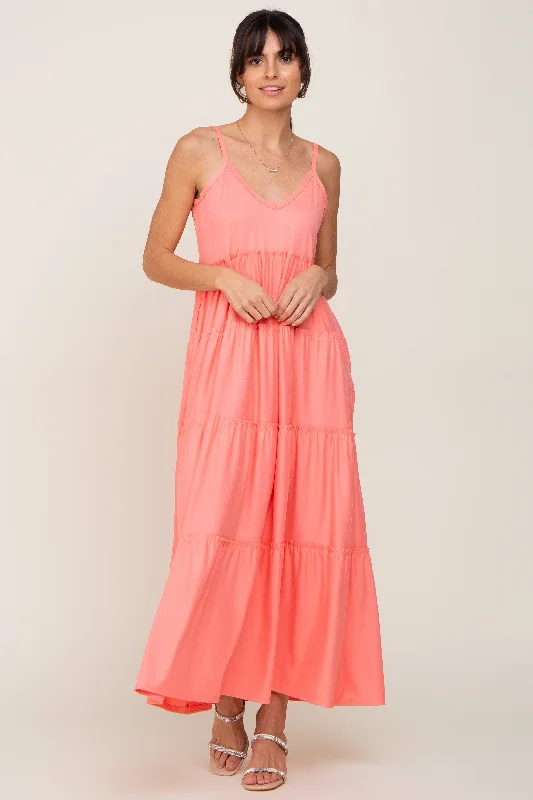 Coral Pink Tiered Sleeveless Maxi Dress Trendy Maxi Dress with Straps